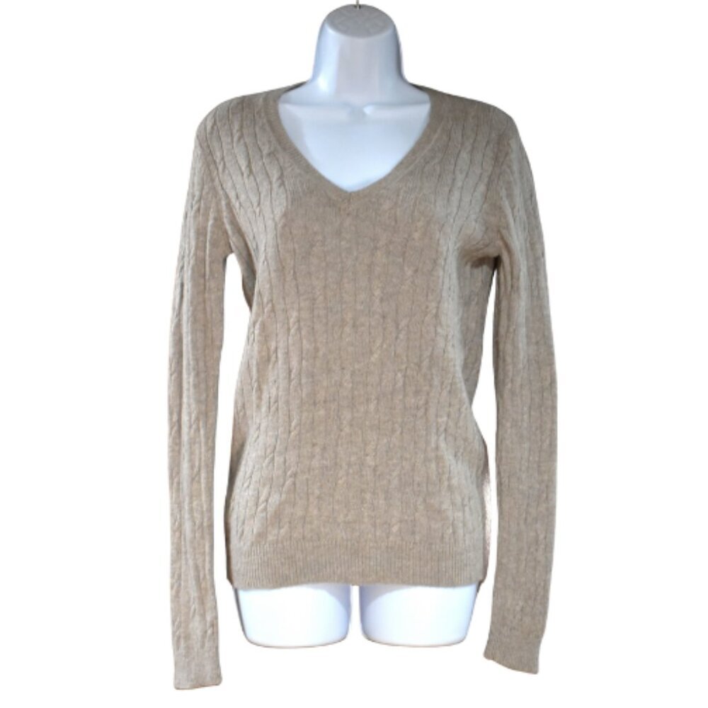LOFT Cable Knit V-Neck Sweater XS Petite Beige Tan Wool Blend Soft Casual Chic